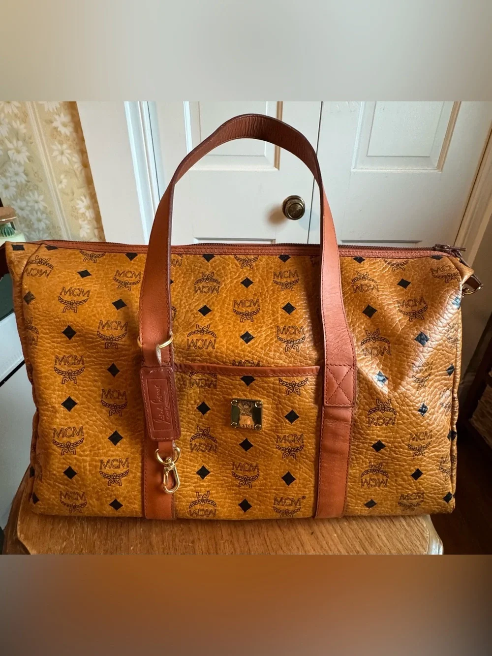 EUC MCM Visetos Leather Duffle Bag in Cognac Brown No Crossbody Strap